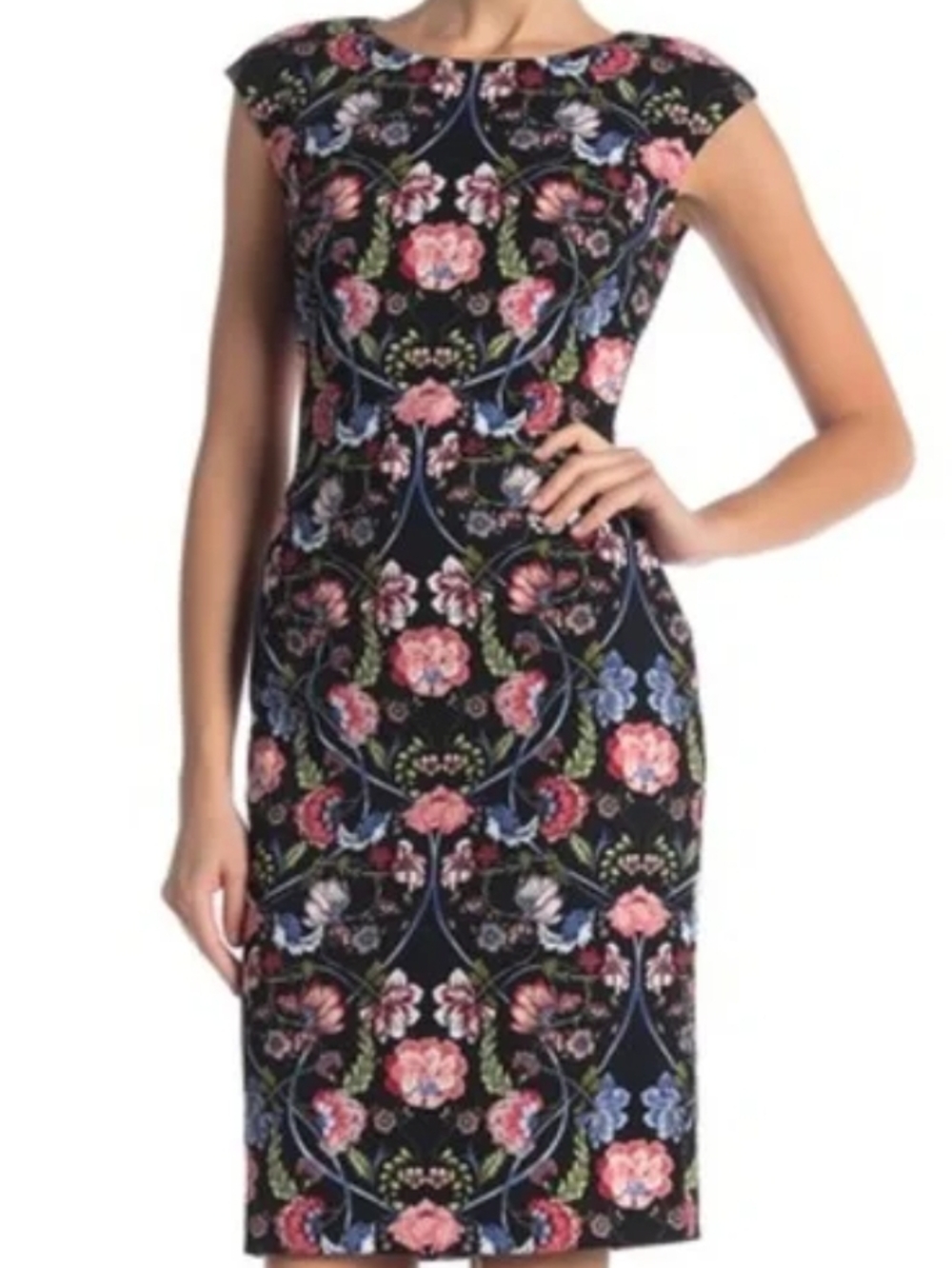 Vince Camuto Black Midi Sheath Dress with Pink & Blue Floral Print